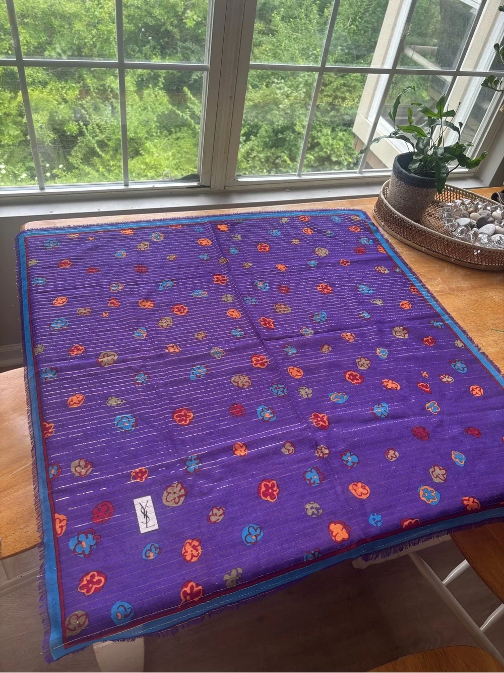 Yves Saint Laurent Purple Floral Logo Wool-Blend Scarf